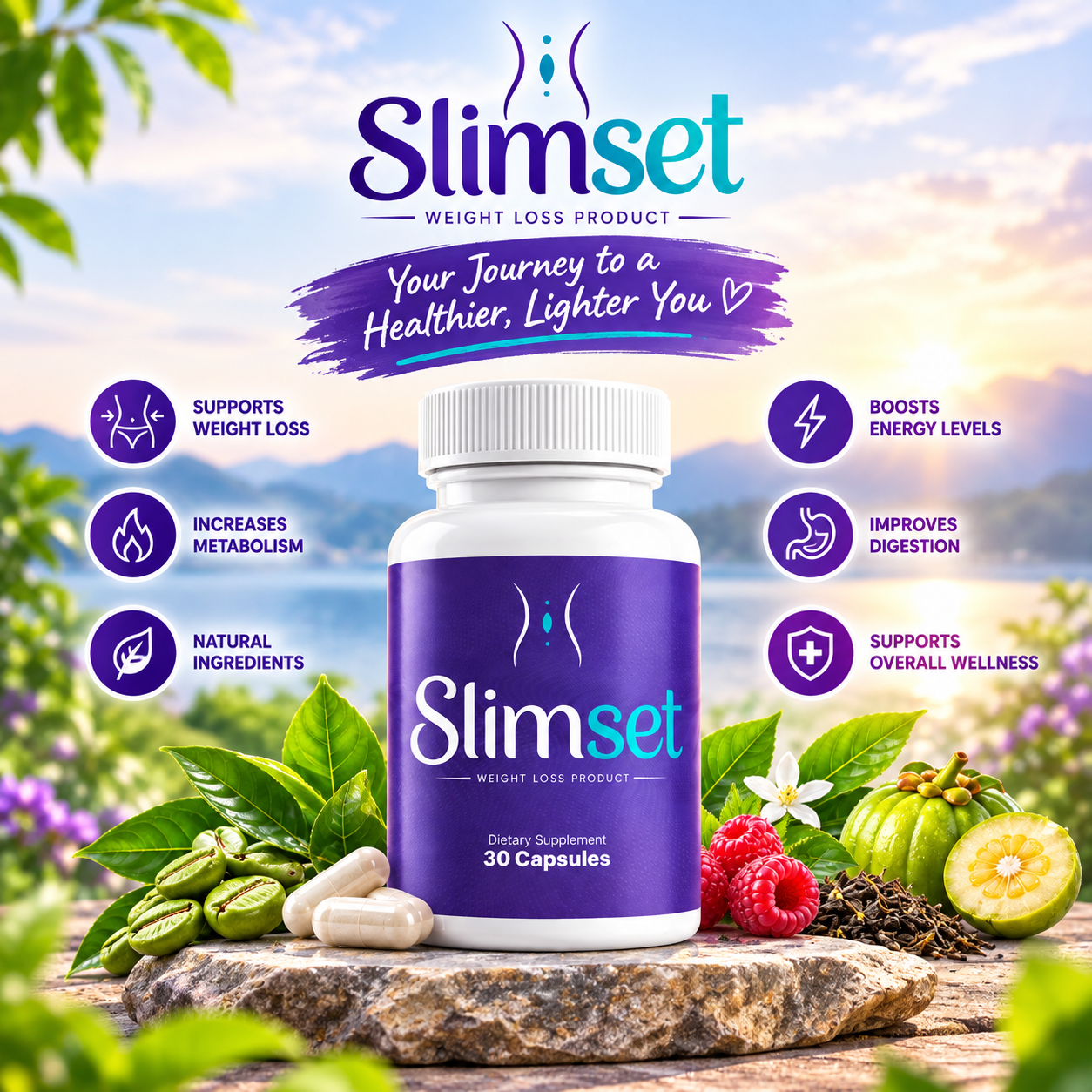 SlimSet bottle pictured with botanical ingredients in a wellness setting