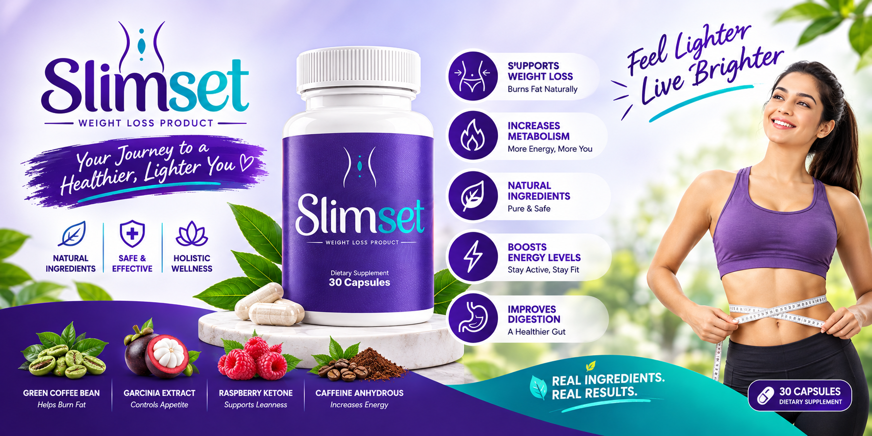 SlimSet lifestyle artwork with product, ingredients, and active wellness imagery